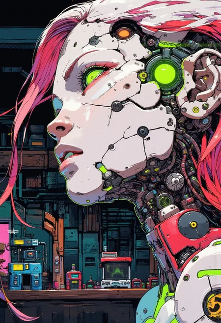 <lora:ck-Goro-Fujita:1>, digital artwork in the style of ckgf, A mesmerizing close-up portrait of an alien woman, her striking features blending extraterrestrial elegance with subtle mechanical elements. Her skin has a smooth, otherworldly texture, adorned with small, organic patterns. Her long, wavy hair cascades around her face, but in the Virtualboy-style palette of red, white, and black. Mechanical elements are seamlessly integrated into her face and neck—sharp, angular pieces emerge like delicate circuitry. The chiaroscuro-inspired lighting brings deep contrast, with bold shadows enhancing her alien beauty. The background features a cyberpunk workshop, and the limited palette emphasize the alien and mechanical features, while a soft green glow outlines parts of her face and hair, creating a futuristic yet nostalgic visual reminiscent of early handheld gaming
<lora:ck-nc-pastel-cyberpunk:0.3>
<lora:ck-MetalGearSolid:0.25>
<lora:RetroAnimeFluxV1:0.25>