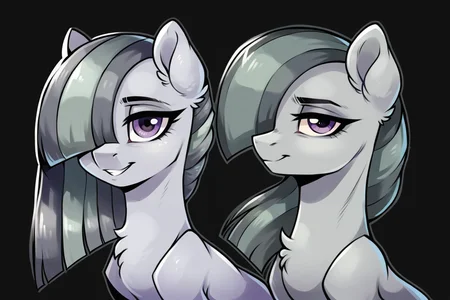 score_9, score_8_up, score_7_up, by syn-6, source_pony, rating_safe, marble pie (mlp), my little pony, equid, equine, horse, pony, earth pony, hair, hair over eye, feral, multicolored mane, purple eyes, black background, smile, smiling at viewer, two tone mane, two tone tail, fur, grey body, grey fur, grey mane, grey tail