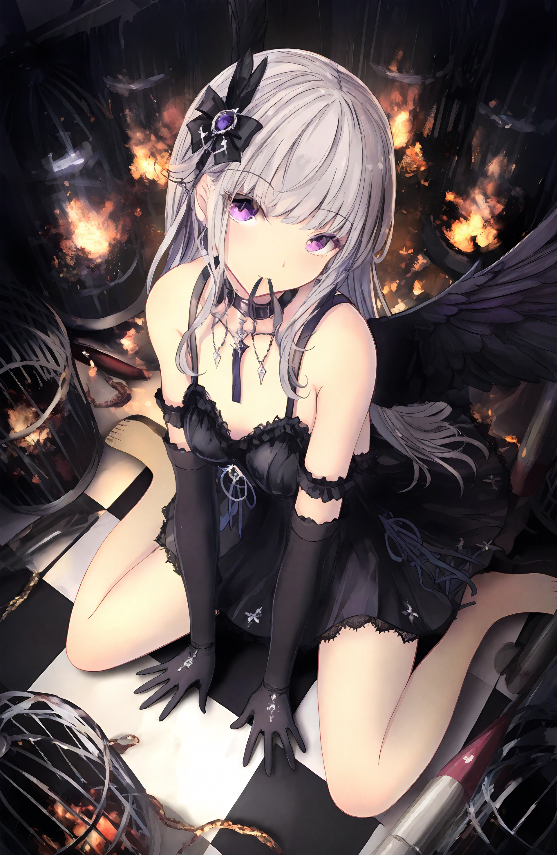 1girl, solo, long_hair, looking_at_viewer, hair_ornament, gloves, dress, bare_shoulders, sitting, purple_eyes, grey_hair, wings, sleeveless, black_gloves, barefoot, elbow_gloves, black_dress, wariza, mouth_hold, feathered_wings, black_wings, checkered_floor, cage, birdcage