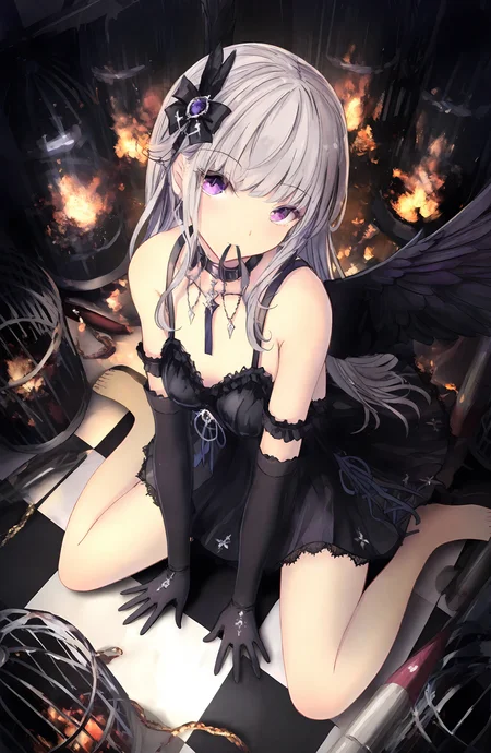 1girl, solo, long_hair, looking_at_viewer, hair_ornament, gloves, dress, bare_shoulders, sitting, purple_eyes, grey_hair, wings, sleeveless, black_gloves, barefoot, elbow_gloves, black_dress, wariza, mouth_hold, feathered_wings, black_wings, checkered_floor, cage, birdcage