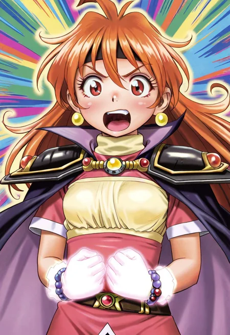 1girl, lina inverse, slayers embarrassing, comic expression, colorful background, surprised reaction, anime style, magical elements, dynamic composition, bright lighting, masterpiece,best quality,amazing quality