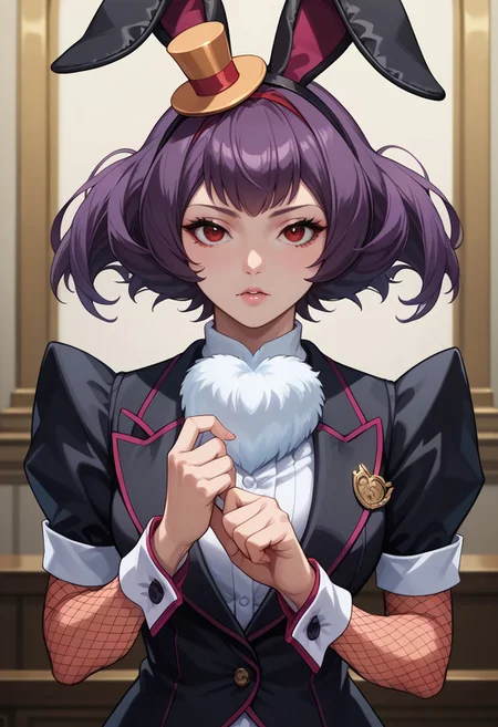 anime artwork, score_9, score_8_up, score_7_up, score_6_up, score_5_up, solo, perfect eyes, detailed eyes, beautiful female, detailed face, dynamics lines, 20 year old, perfect beautiful face, long eyelashes, sharp eyes pupils, (inside the palace:1.3), (upper body:1.5), medium breasts, (front view:1.2), 1 girl,  purple hair, twintails, short hair red eyes, rabbit ears, top hat, wrist cuffs, (black coattails:1.2), fishnet pantyhose, above view, full body