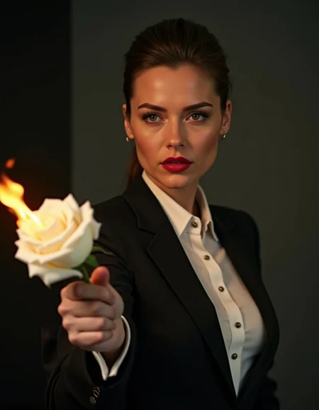 Cinematic movie poster of a Women in her 30s, wearing a high end business clothing, holding out a white rose towards the viewer, the rose is on fire burning the rose, she seems unamused with no expression, red lips, light make up, sharp hair, focus on rose, no blur,