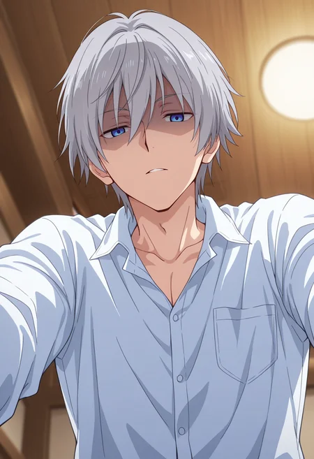 masterpiece, best quality, amazing quality,high resolution, intricate details,official style,anime screencap , , , 1boy, solo, male focus, <lora:Fujiwara:0.82>,fujiwara, gray hair, short hair, blue eyes,looking at viewer, shirt, white shirt,collared shirt, indoors, blurry, from below, ceiling, disdainful expression, shaded face, reaching
