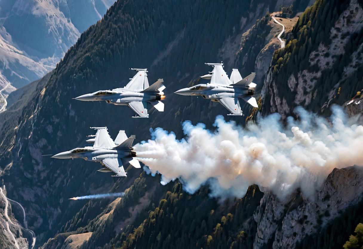 (Pilots flying the Euro Fighter jets between  mountains), (displaying the low level flying capabilities of the Euro Fighter jets), hitting amazing speeds as the tilt and wind through the  valleys and canyons, (view from side of euro fighter jets), (launching missiles with a stream of white vapors with flames), (a true display of military might power), (motion scenes), (pain staking attention to fine details of the jets) ,4k, surreal, (epic photography),