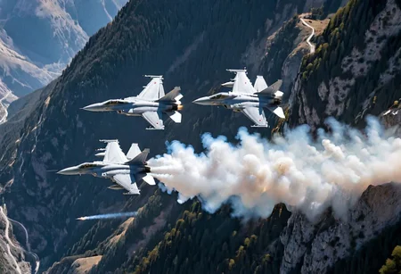 (Pilots flying the Euro Fighter jets between mountains), (displaying the low level flying capabilities of the Euro Fighter jets), hitting amazing speeds as the tilt and wind through the valleys and canyons, (view from side of euro fighter jets), (launching missiles with a stream of white vapors with flames), (a true display of military might power), (motion scenes), (pain staking attention to fine details of the jets) ,4k, surreal, (epic photography),