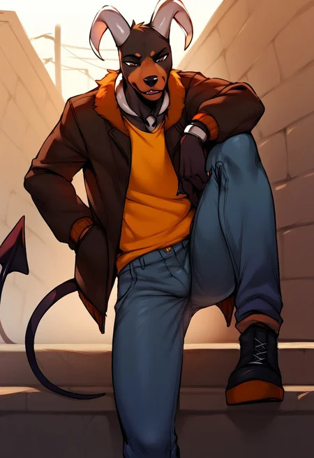 score_9, score_8_up, score_7_up, score_6_up, score_5_up, score_4_up, source_furry, source_anime, BREAK, (male: houndoom, anthro, male:1.2), ( curved horn, horns, black fur ,brown countershading, countershade fur, spade tail :1.3), (anthro houndoom, jacket, jeans, bad boy, :1.6) (outdoors:1.1),
,