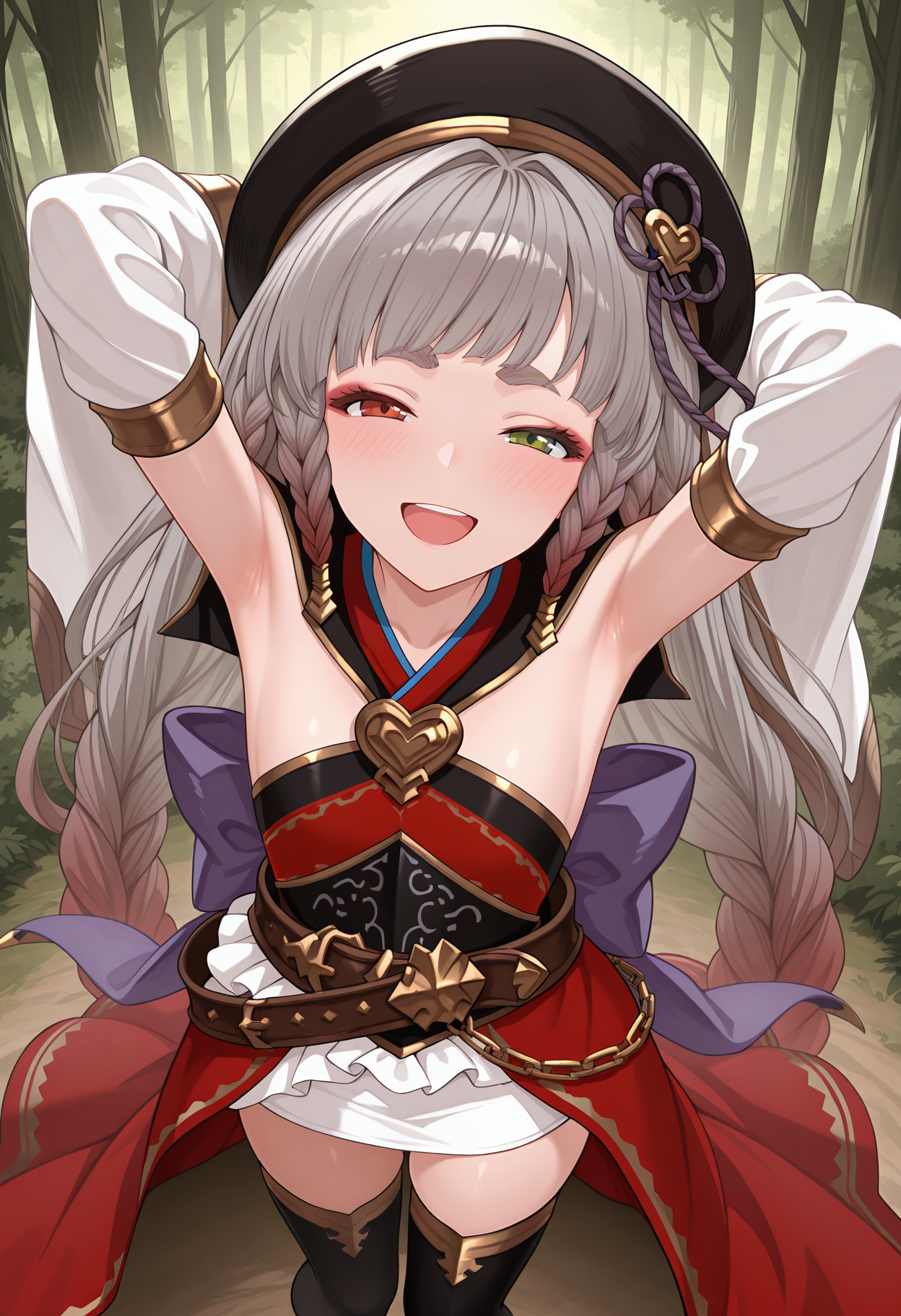 highres, best quality, masterpiece, outdoors, forest,
1girl, solo, gbfphli, very long hair, erune, grey hair, red eyes, green eyes, heterochromia, thick eyebrows,
phldef, multiple braids, beret, black headwear, multicolored dress, red dress, bare shoulders, heart brooch, black sash, belt, multiple belts, white sleeves, detached sleeves, wide sleeves, white skirt, red overskirt, high-low skirt, black thighhighs, chain, back bow,
looking at viewer, blush, smile,
arms behind head, armpits, upper teeth only, half-closed eyes, from above,
<lora:_pholia_gbf-elesico-ilxlCab-000013:1>