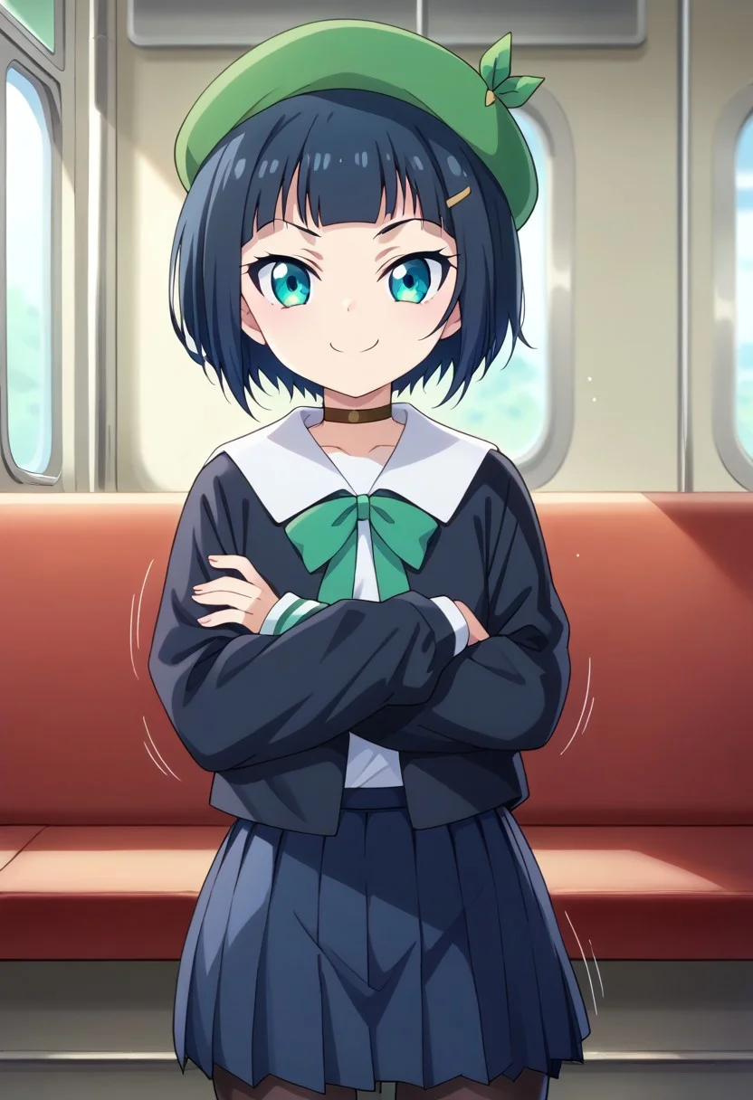 score_9, score_8_up, score_7_up, source anime, intricate, dynamic pose, 1girl, Akira Shinonome, petite, (black choker), black pantyhose, black school uniform, sleeves past wrists, hairclip, green ribbon, green headwear, looking at viewer, smile, confident, crossed arms,
Indoors, train, solo, absurdres, perfect eyes, volumetric lighting, intricate_details_xl, motion lines, zPDXL2,
