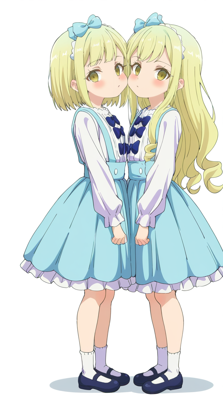 2girls,multiple_girls,white_background,simple background,looking_at_viewer,anime screenshot,sincos,<lora:Viena&Fiena_Illustrious_v1:1>,Viena,Fiena,blue bow,hairband,hair bow,dress,blue dress,shirt,white shirt,long sleeves,socks,white socks,shoes,skirt,suspenders,suspender skirt,standing,asymmetrical_docking,flat chest,, masterpiece, best quality