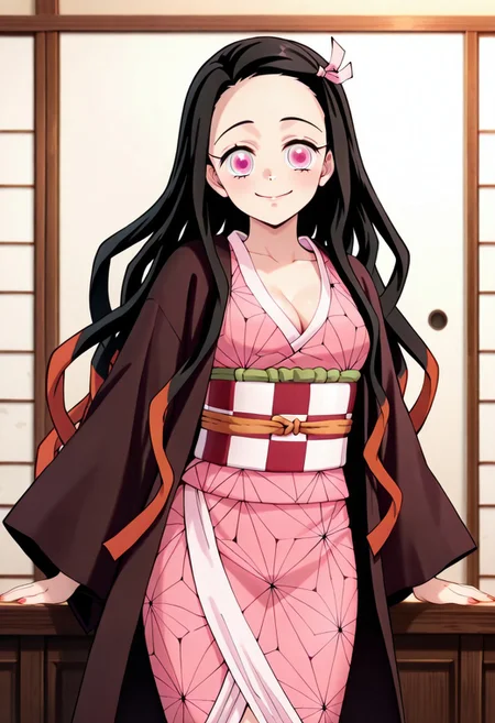 Kamado_Nezuko, pink kimono, red and with obi, happy, looking at the viewer, medium breasts, cleavage
