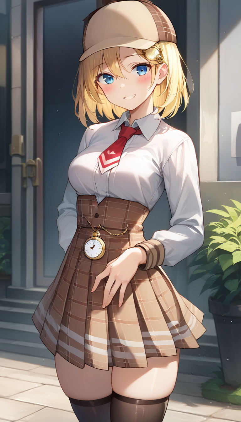 score_9,score_8_up,score_7_up,score_6_up BREAK official art,solo,outdoors,upper body,(portrait:1.5),looking at viewer,facing viewer,smile,blush,Watson Amelia,detective,brown headwear,blonde hair,medium hair,bob cut,monocle hair ornament,hair between eyes,parted bangs,blue eyes,collarbone,brown capelet,red necktie,short necktie,white shirt,collared shirt,medium breasts,skindentation,long sleeves,pocket watch,high-waist skirt,brown skirt,pleated skirt,plaid skirt,zettai ryouiki,thighs,black thighhighs,loafers,<lora:Watson Amelia(vtb)-Pony:1.4>,