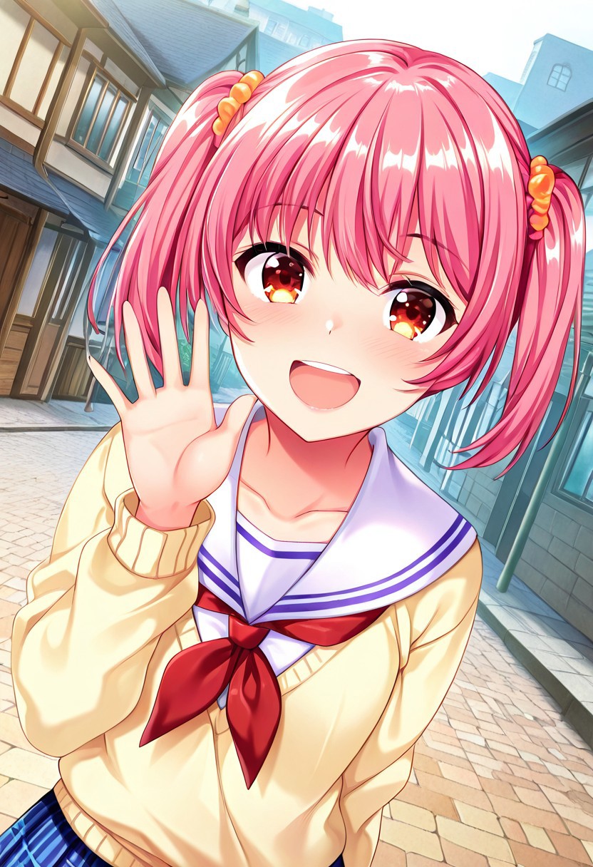 general,highres, ultra-detailed,very aesthetic,best quality ,best hands,best eyes,easynegative,
dynamic anglre, dutch angle, anime cloring,
1girl solo,looking at viewer,town,outdoors,smile,open mouth,waving hand,
Rino Tokitou,pink hair,twintails,amber eyes,school uniform,
