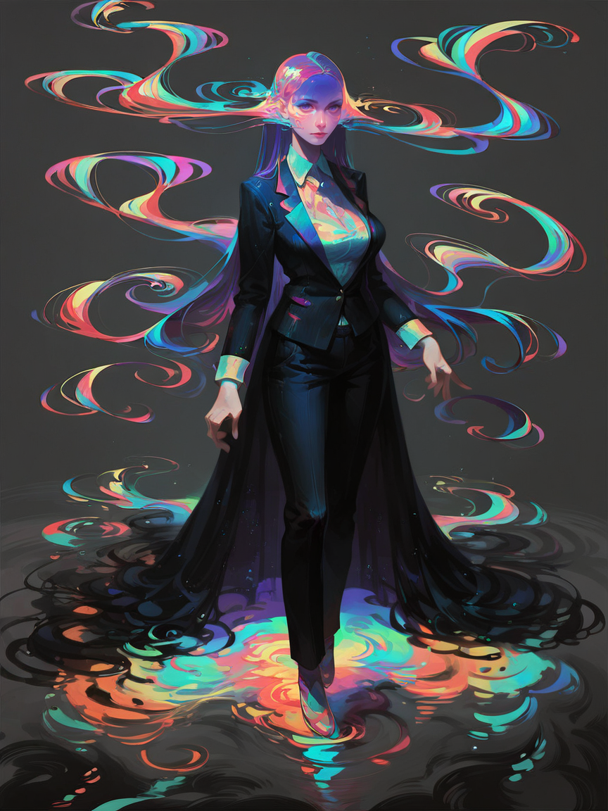 score_9, score_8_up, score_7_up, score_6_up, score_5_up,   <lora:swirlsXLP:0.7> swirls, abstract, ripples, 1girl, long hair, pretty,large breasts, colorful, suit, full body,