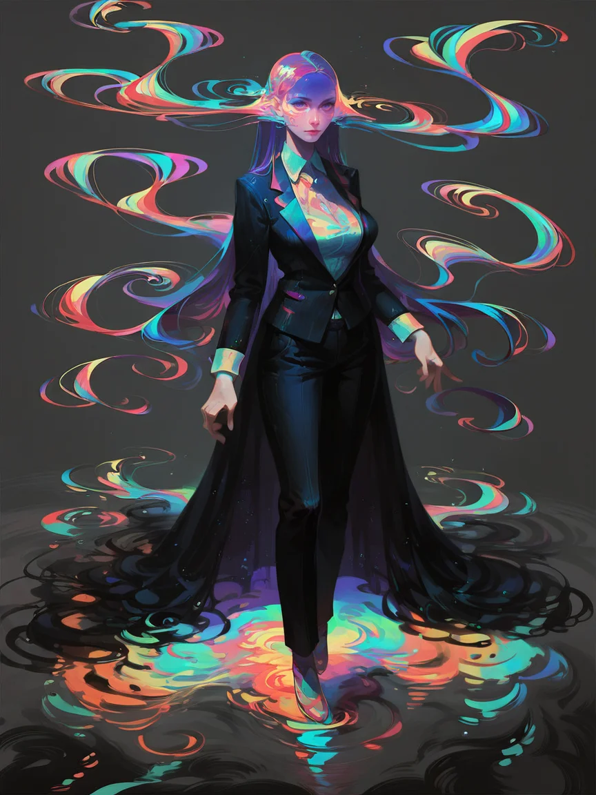 score_9, score_8_up, score_7_up, score_6_up, score_5_up, <lora:swirlsXLP:0.7> swirls, abstract, ripples, 1girl, long hair, pretty,large breasts, colorful, suit, full body,