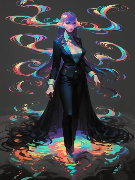 score_9, score_8_up, score_7_up, score_6_up, score_5_up,   <lora:swirlsXLP:0.7> swirls, abstract, ripples, 1girl, long hair, pretty,large breasts, colorful, suit, full body,