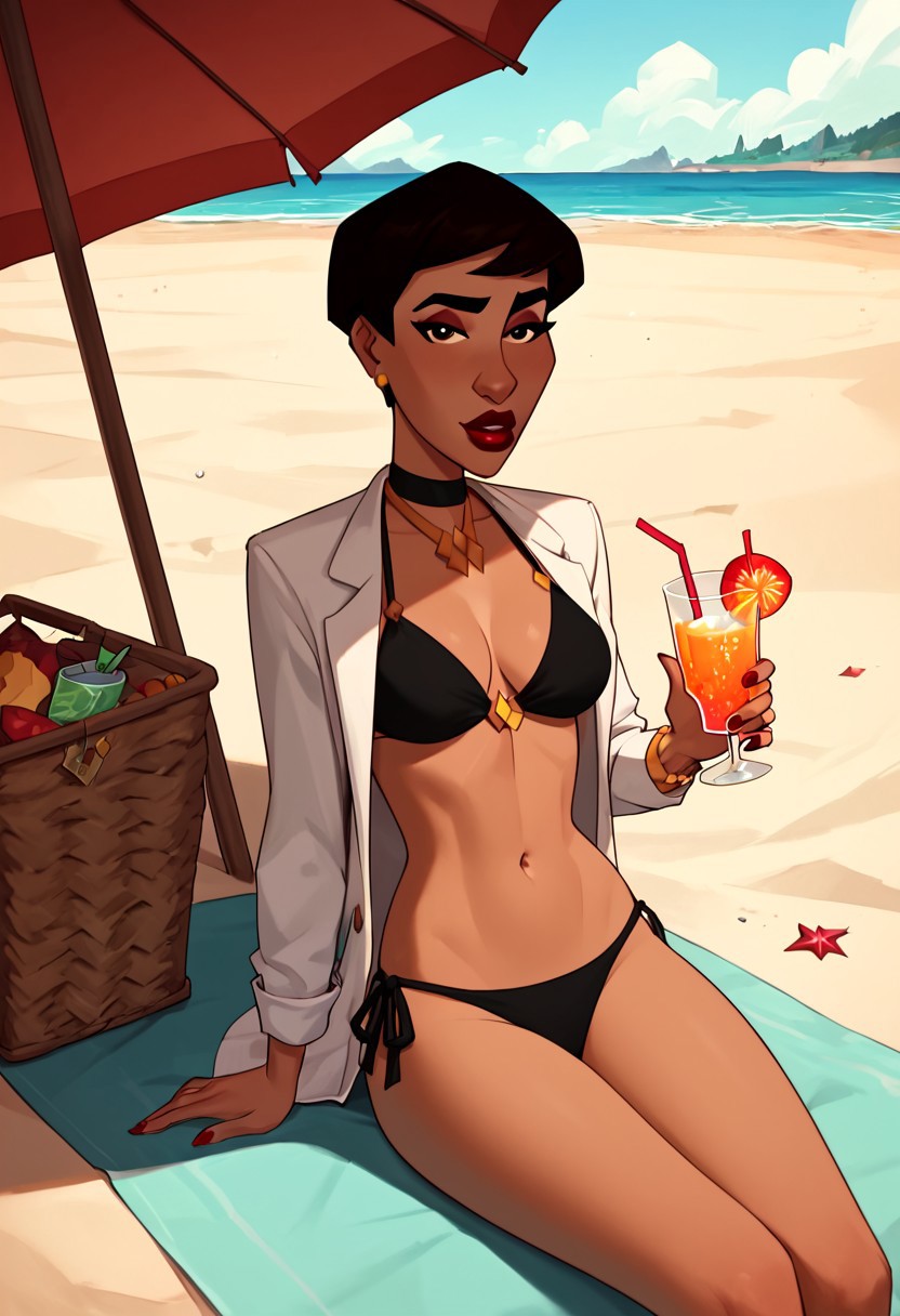 score_9,score_8_up,score_7_up,(masterpiece), best quality, expressive eyes, amazing quality, solo, 1girl, Professor Granville,red lips,short hair,beach,bikini, sitting under umbrella,on towel,holding drink in hand