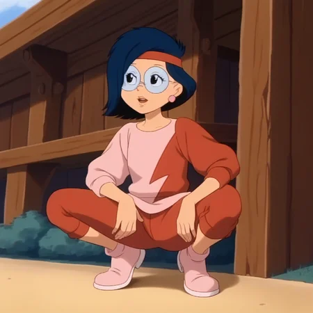 score_7_up, BREAK, annie, 1girl, solo, short hair, blue hair, black eyes, headband, glasses, earrings, mismatched red sleeves, shirt, red pants, pink footwear, squatting, spread legs,, outdoors, <lora:Annie_MPM_PXL_Leaf2:1>,
