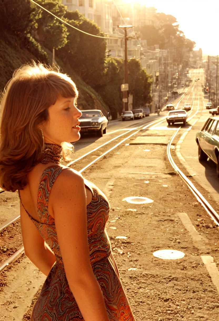 (((masterpiece, best quality, amazing quality, absurdres, realistic, detailed skin, dynamic angle))),
realistic street photography, 1970s San Francisco, young woman, chest and face, side view, turning head to viewer, (((one arm reached to viewer))),serene expression,lips apart, teeth, natural movement. cute, freckles, dust light, vintage 70s short tight dress, stretch fabric, psychedelic patterns, high collar ,sleeveless, 
urban San Francisco background: steep hilly street, tram rails, vintage cable car classic 70s cars parked on the sides, street lamps, overhead wires. warm sunset light, long shadows, soft golden hour lighting, sharp focus on subject, slight depth of field blur on background, film grain, subtle desaturation, high detail, high realism, high resolution, photo taken on the spot