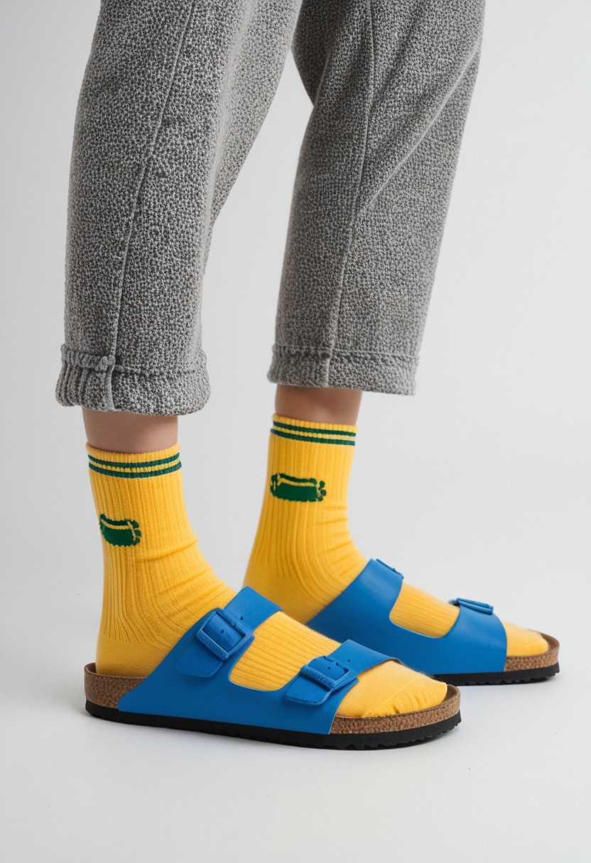 (photograph of woman's feet wearing socks and sandals and leggings), 1girl, solo, dynamic_pose, simple_background, white_background, scksnsndls, patterned blue and yellow socks, lower_body, footwear_focus, ankles, calves, birksonsocks, birkenstock