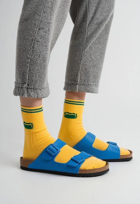 (photograph of woman's feet wearing socks and sandals and leggings), 1girl, solo, dynamic_pose, simple_background, white_background, scksnsndls, patterned blue and yellow socks, lower_body, footwear_focus, ankles, calves, birksonsocks, birkenstock