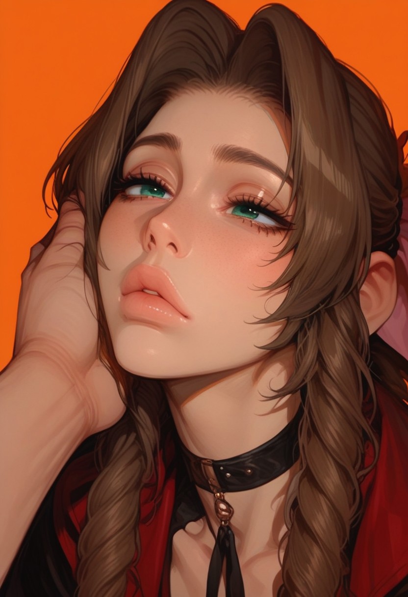 (score_9, score_8_up, score_7_up), 1girl, 18yo, Aerith Gainsborough, large braid, brown hair, skinny, slim, small breasts, full lips, morimee_style, cute face, artist:moriimee, 748cmstyle, cute face, choker, (bored eyes:0.9), scornful look, face, neck, portrait, close up, extreme closeup, orange background, facegrab, light-skinned male