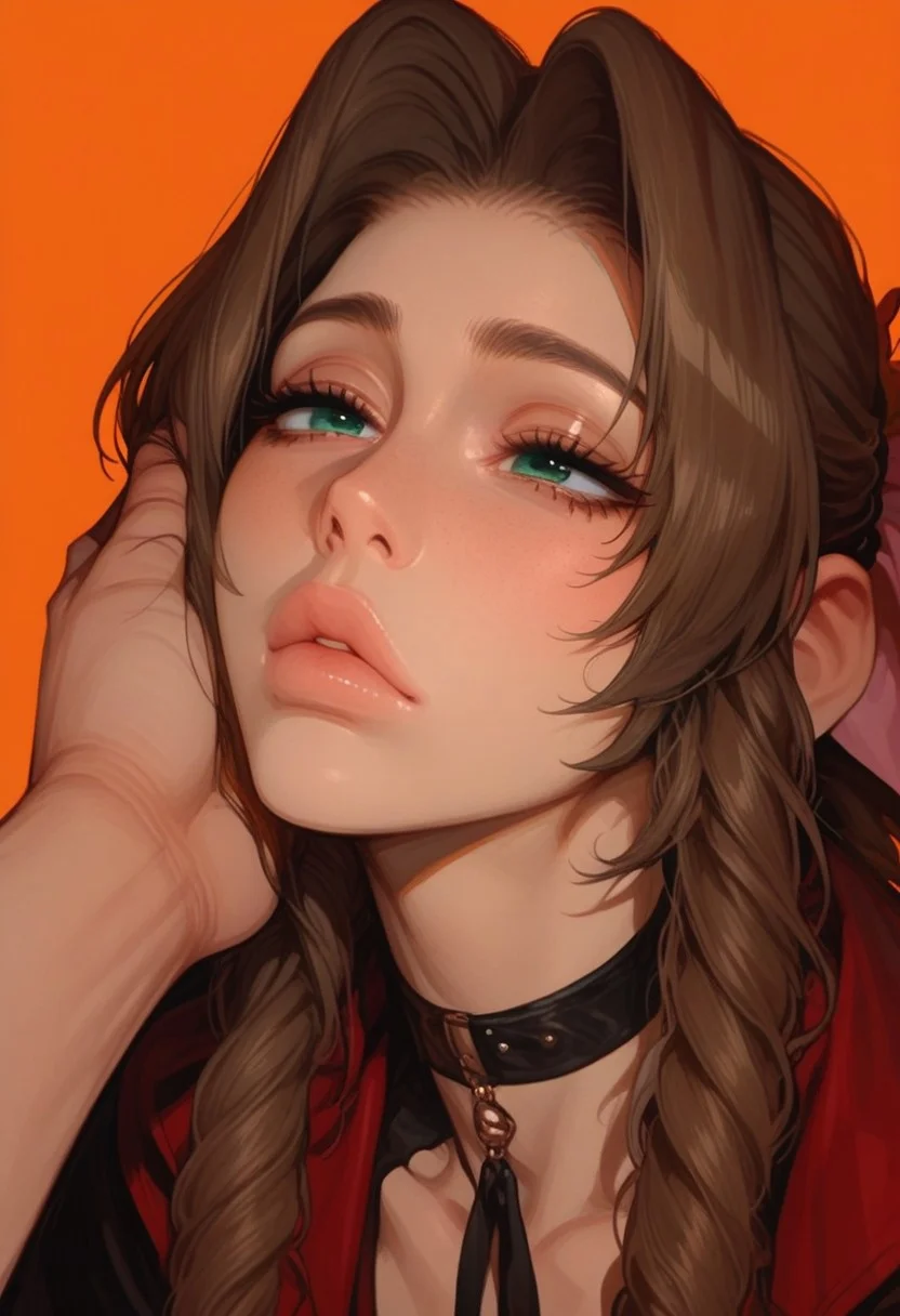 (score_9, score_8_up, score_7_up), 1girl, 18yo, Aerith Gainsborough, large braid, brown hair, skinny, slim, small breasts, full lips, morimee_style, cute face, artist:moriimee, 748cmstyle, cute face, choker, (bored eyes:0.9), scornful look, face, neck, portrait, close up, extreme closeup, orange background, facegrab, light-skinned male