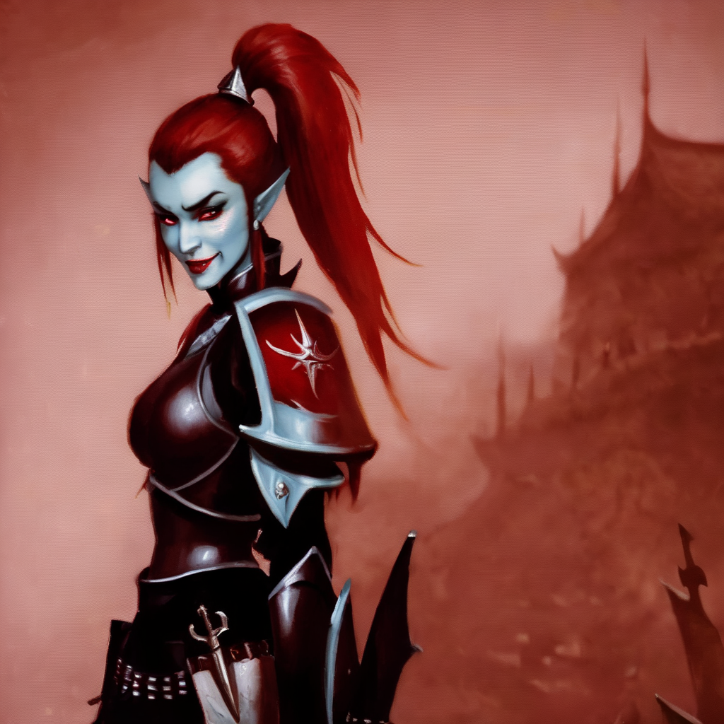 <lora:aeldari_xl_4:1> aeldari, drukhari, 1girl, solo, long hair, smile, hair ornament, ponytail, weapon, red hair, pointy ears, sword, hand on hip, blood, makeup, knife, lipstick, shoulder armor, pauldrons, breastplate, blood on face, dagger, blood on weapon, armor, drukhari's armor
