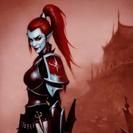 <lora:aeldari_xl_4:1> aeldari, drukhari, 1girl, solo, long hair, smile, hair ornament, ponytail, weapon, red hair, pointy ears, sword, hand on hip, blood, makeup, knife, lipstick, shoulder armor, pauldrons, breastplate, blood on face, dagger, blood on weapon, armor, drukhari's armor