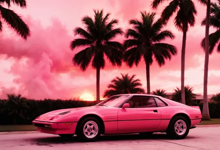 2000s vintage RAW photo, photorealistic, film grain, analog photo, side view, dynamic composition, wallpaper, VintageSportscar, sportscar, (smoke behind car, smoke at rear wheel:1.1), mid-motion, high-speed, motion blur, in motion, storm bent palm trees, (red-pink sunset:1.4), clear sky, red-pink sky, 80s, retrowave, nostalgia, muscle car aesthetics, hotline miami, vintage faded film, desaturated, 35mm, vignette, highly detailed, color graded cinematic <lora:art_style\xl_VintageSportscar>