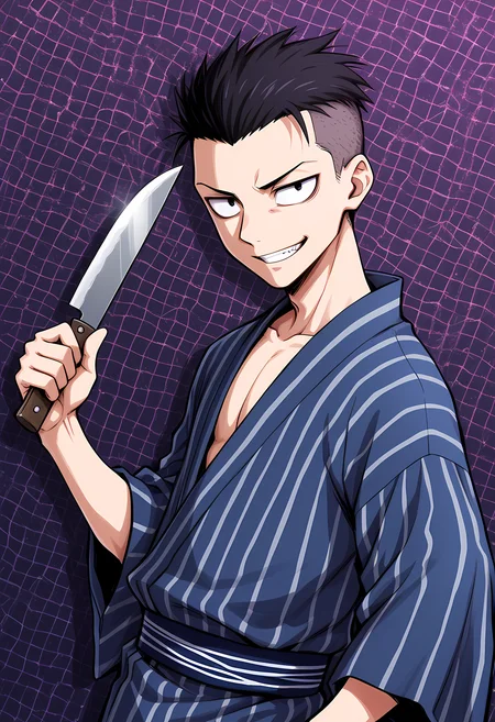 masterpiece, best quality, amazing quality, dutch angle, abstract background, BREAK
solo, 1boy, male, nny, black eyes, short hair, black hair, undercut, yukata, japanese clothing, knife, weapon, grin, BREAK
<lora:cfg_scale_boost:.6> <lora:Nny_-_JTHM_-_ILXL:1>