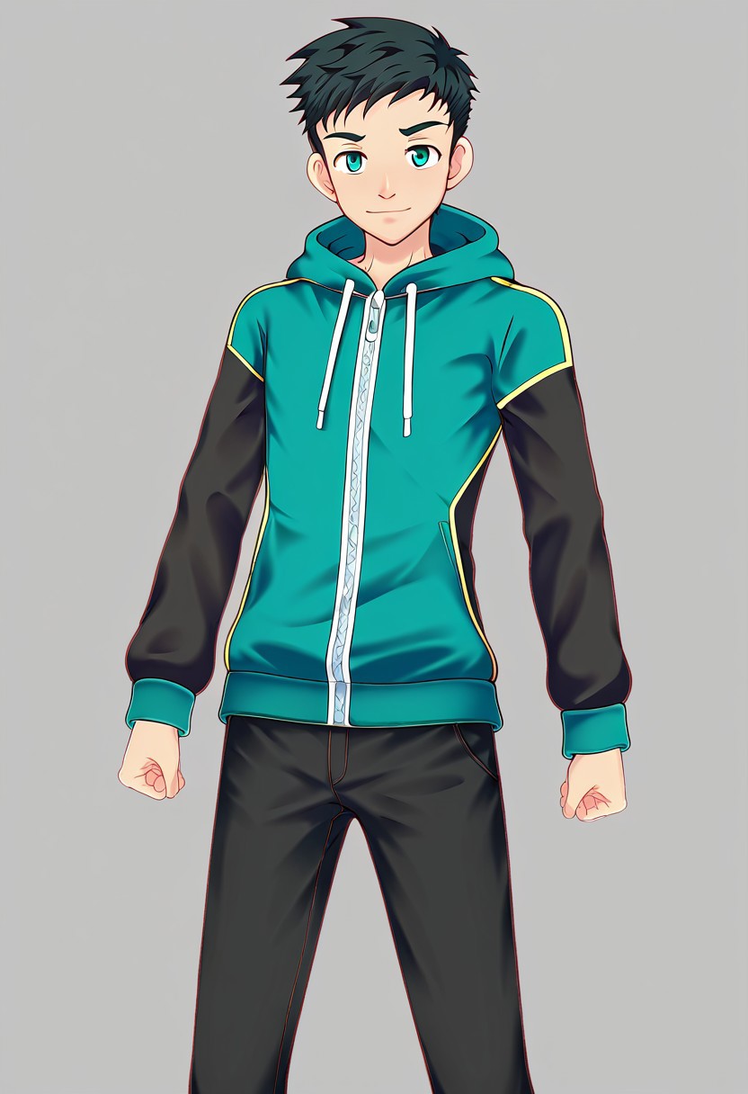 harmard, black hair, short hair, aqua color eyes, 1boy, solo, solo focus, jacket, black pants, young, mikkoukun