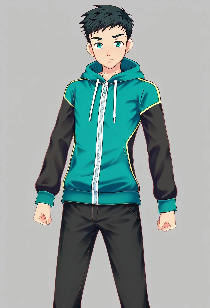 harmard, black hair, short hair, aqua color eyes, 1boy, solo, solo focus, jacket, black pants, young, mikkoukun