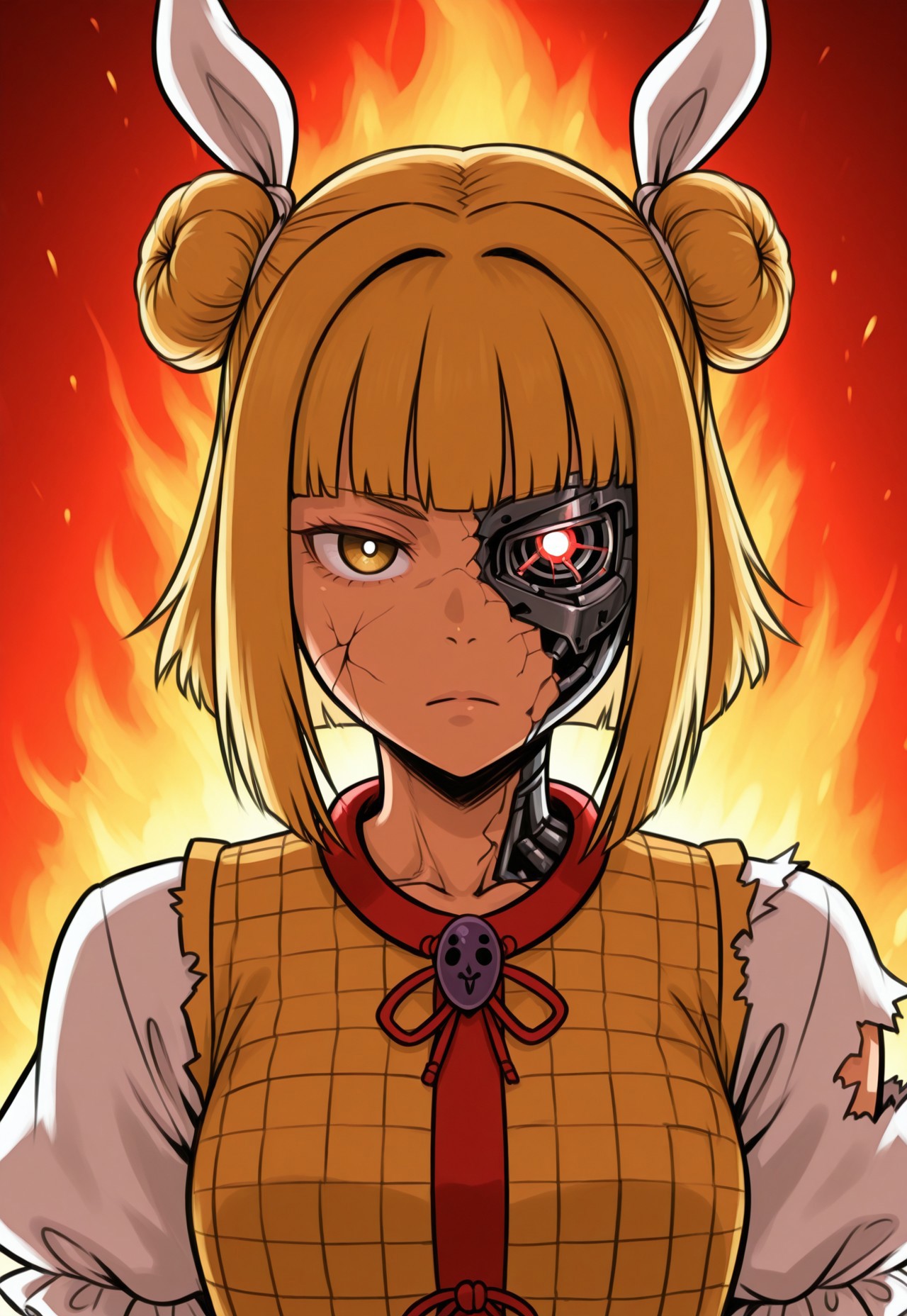 masterpiece, best quality, aesthetic, colorful, <lora:DittoHead7-8:1>, BREAK, half_cyborg_face, (Joutouguu Mayumi), 1girl, looking at viewer, expressionless, fire, dark skin, damaged, torn clothes, cracked skin,