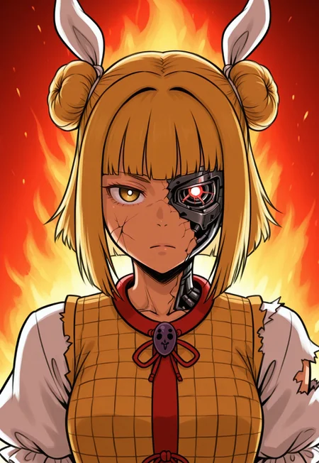masterpiece, best quality, aesthetic, colorful, <lora:DittoHead7-8:1>, BREAK, half_cyborg_face, (Joutouguu Mayumi), 1girl, looking at viewer, expressionless, fire, dark skin, damaged, torn clothes, cracked skin,