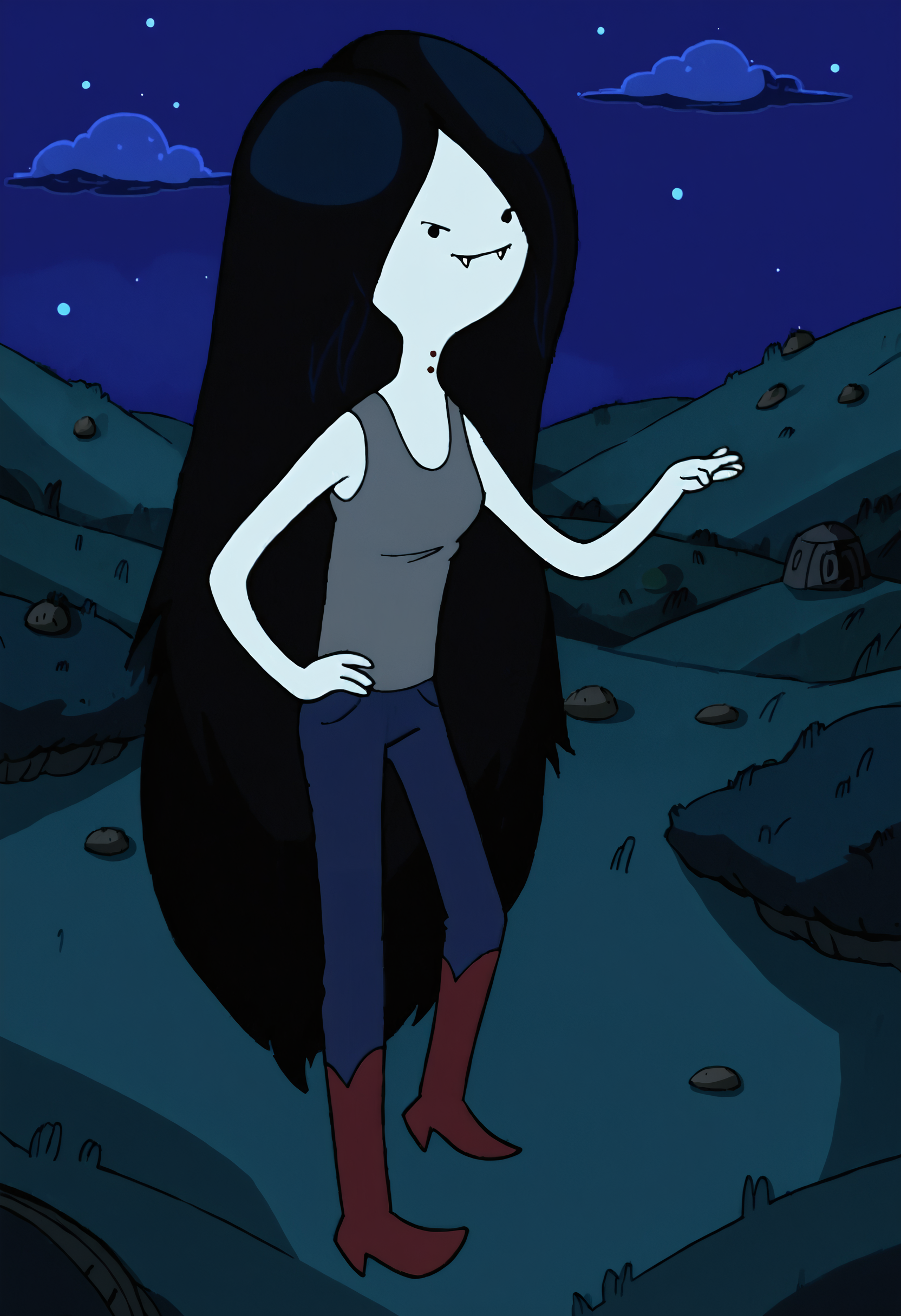 marceline, 1girl, fangs, solo, vampire, long hair, fangs out, solid circle eyes,tank top,  bite mark, black eyes, red boots, black hair,floating, very long hair, grey skin, pants, smile,outdoors, night, night sky,  <lora:MarcelinePony1.1:1>, score_9, score_8_up, score_7_up, score_6_up, score_5_up, score_4_up, looking at viewer, hand on own hip, cowboy shot,