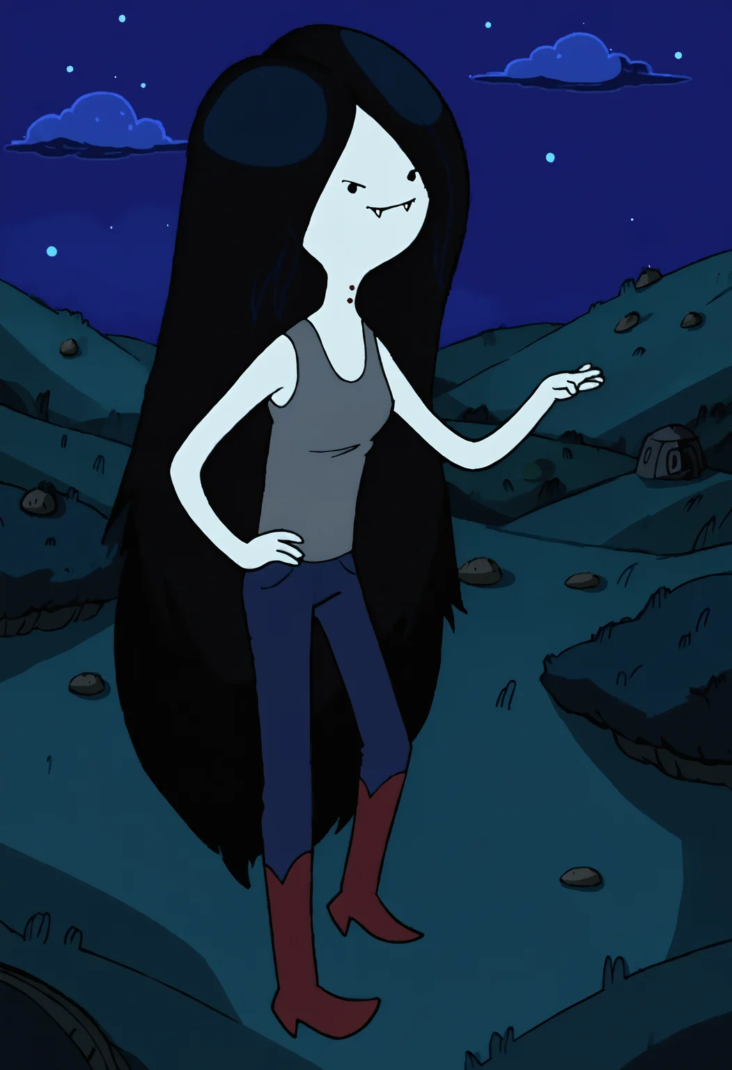 marceline, 1girl, fangs, solo, vampire, long hair, fangs out, solid circle eyes,tank top, bite mark, black eyes, red boots, black hair,floating, very long hair, grey skin, pants, smile,outdoors, night, night sky, <lora:MarcelinePony1.1:1>, score_9, score_8_up, score_7_up, score_6_up, score_5_up, score_4_up, looking at viewer, hand on own hip, cowboy shot,