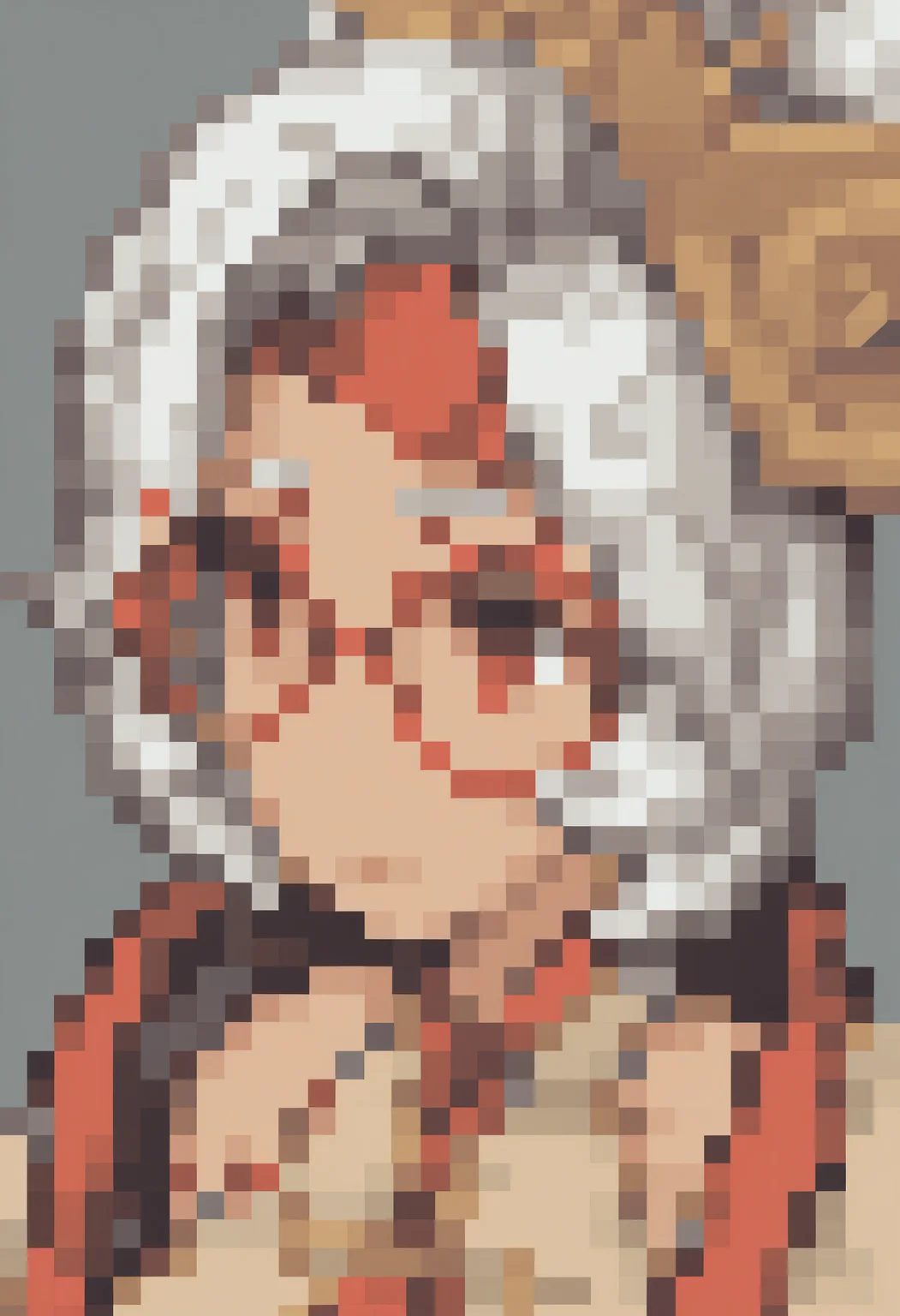 masterpiece, best quality, solo, 1girl, looking at viewer, <lora:FFT-Portraits-illus_Fp:1>, pixel art, portrait, simple background, <lora:purah-illu-nvwls-v1:1>, pur4h, white hair, red eyes, hair bun, large breasts, hair ornament, red headband, red glasses, sleeveless shirt, beige shirt, beige jacket, red trim, open jacket,