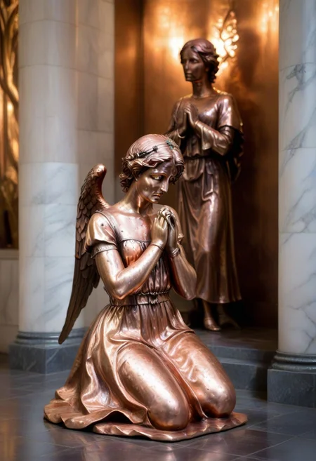 a copper statue portraying a kneeling and weeping angel, bleak, hopeless, depressing, enshrined in an alcove, marble church background
BREAK
CivChan