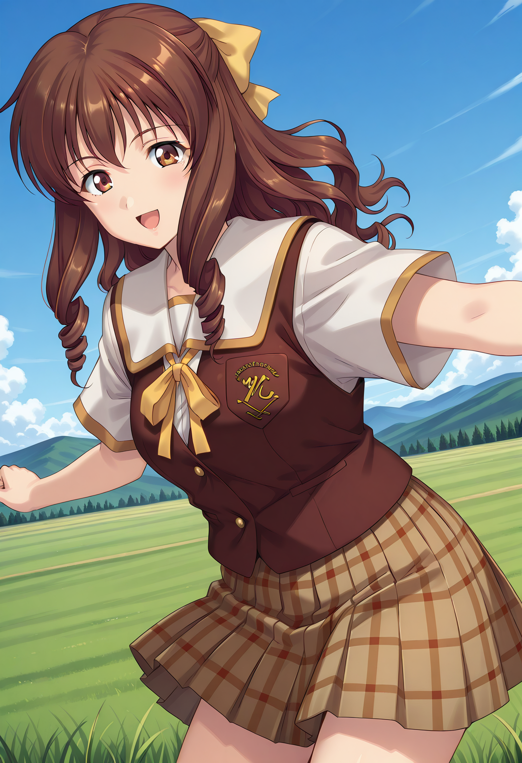 kuon_eri, brown eyes, brown hair, long hair, drill hair, yellow bow, hair bow, school uniform, white sailor collar, vest, short sleeves, plaid skirt, brown skirt, <lora:kuon_eri_illustrious_ver1:0.8> 
smile, open mouth,, masterpiece, best quality, very aesthetic, absurdres,, general,, 1girl, solo, blue sky, (grasslands:1.2), looking at viewer,, (cowboy shot, dynamic pose:1.4),