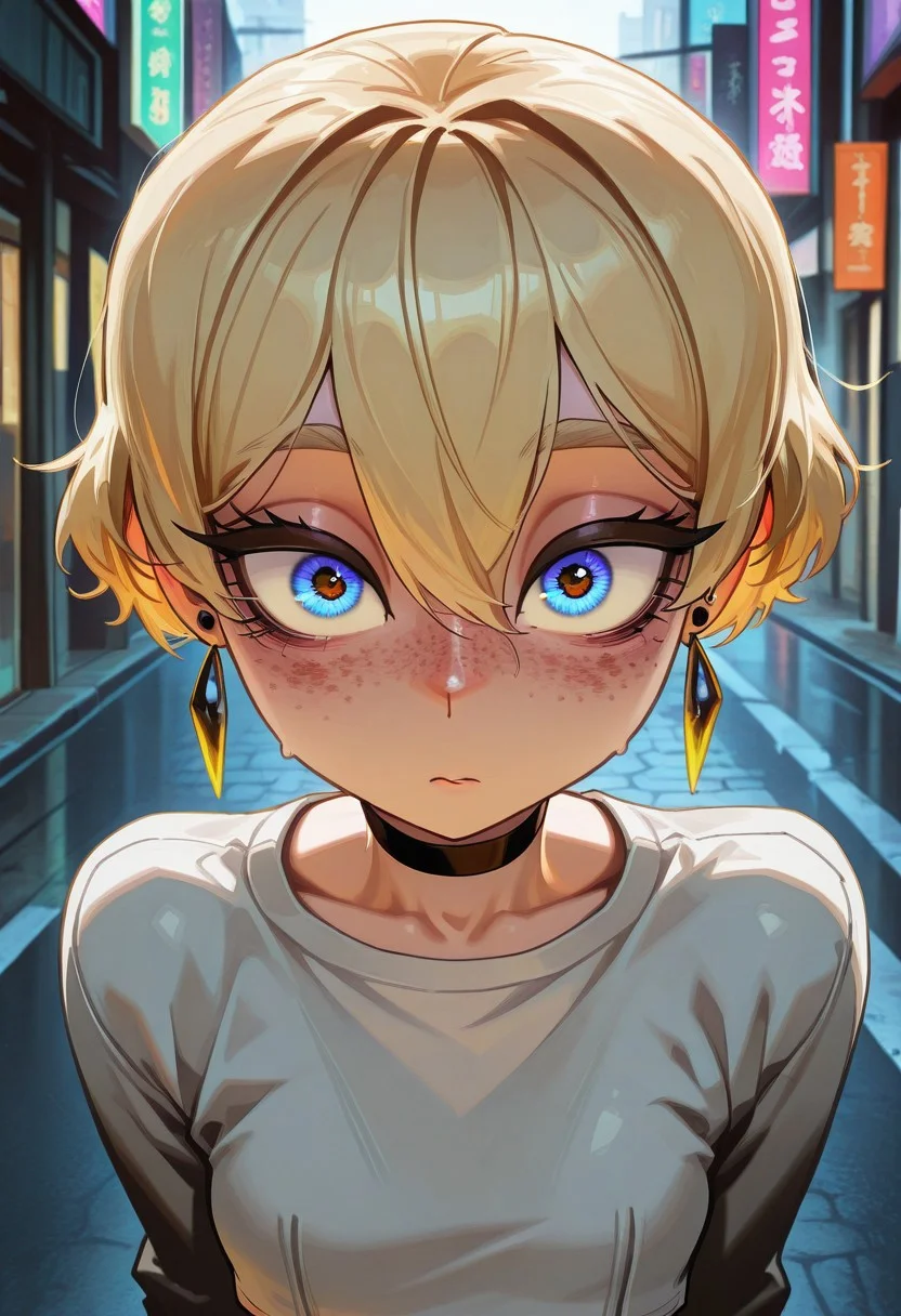 Mevak_PS, masterpiece, best quality, amazing quality, very aesthetic, high resolution, ultra-detailed, extremely detailed eyes, detailed face, absurdres, newest, best illumination, depth of field, complex background, detailed background, 1girl, blonde, freckles, crop top, choker, looking at viewer, upper body, blurry, earrings, street,