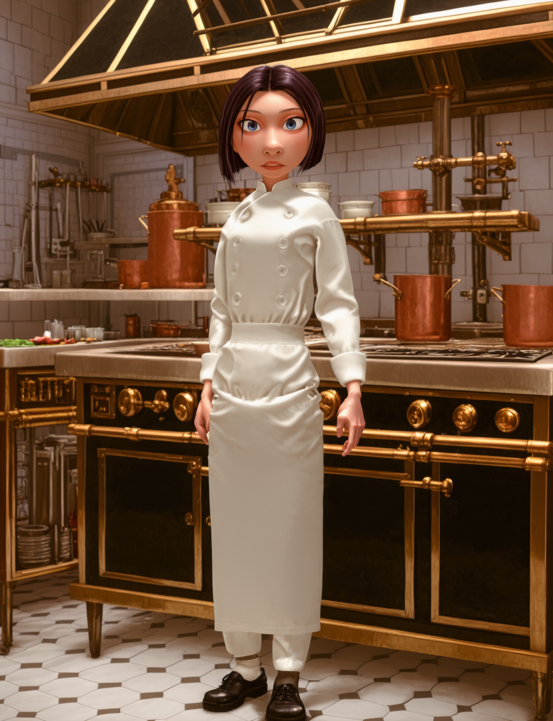 <lora:ColetteIllustrious1.0JLFO:1> colette, 1girl, short hair, black hair, chef, blue eyes, full body, shoes, looking at viewer, kitchen,