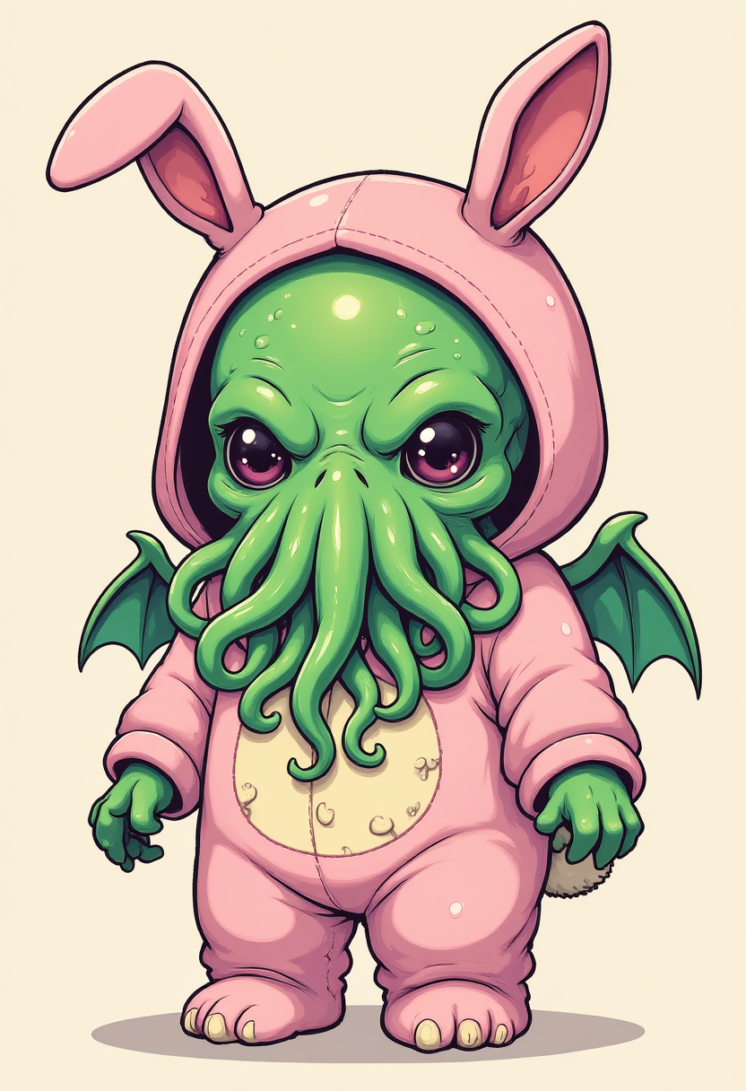 Cthulhu4AllDaal,  Chibi Cthulhu dressed in a pink bunny onesy
