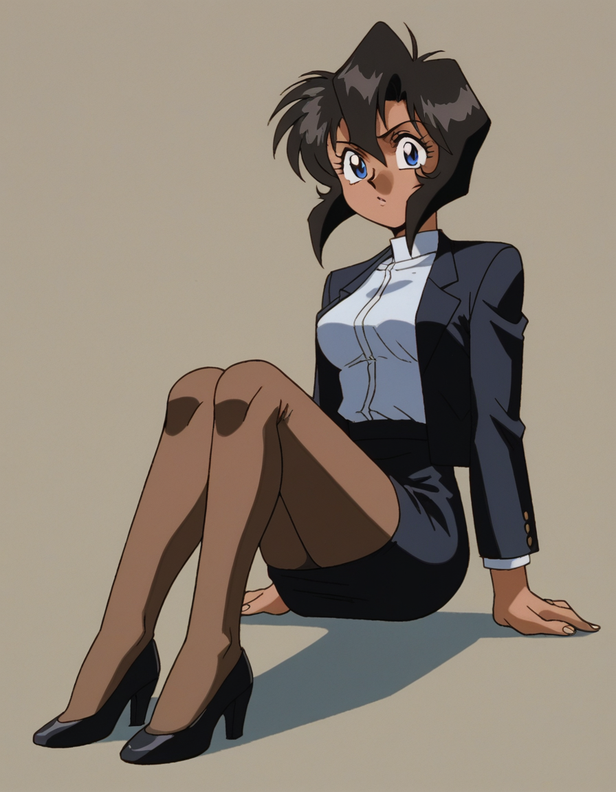 zPDXL, score_9, score_8_up, score_7_up, source_anime, 8k, absurdres, 1990s \(style\), retro artstyle, anime coloring, 
1girl, solo, <lora:Gunsmith_v3-20:1> gnsmth, rally, dark-skinned female, black hair, blue eyes, short hair, black jacket, office lady, pencil skirt, black skirt, pantyhose, high heels, looking at viewer,