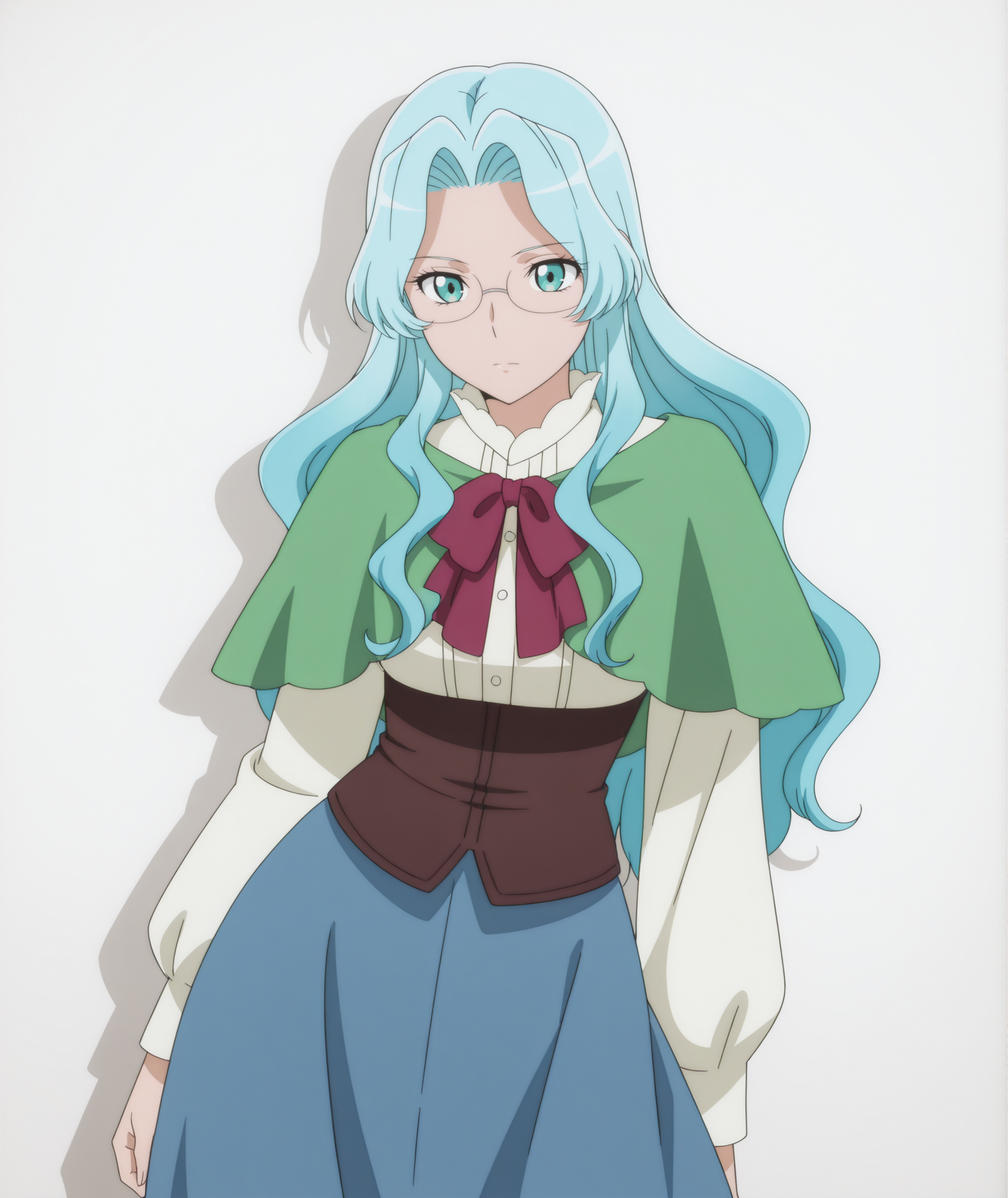 official art, absurdres, highres, anime coloring, hi res, best quality, masterpiece, 2d, intricate details, 4k, shadow, 
1girl, solo, female, eyelashes, nose, long hair, blue eyes, blue hair, hair intakes, wavy hair, shiny hair, aqua eyes,
rimless eyewear, skirt, long sleeves, dress, bow, red bow, glasses, capelet, long skirt, green cape, corset, blue skirt, 
cowboy shot, contrapposto, 
depth of field, white background, <lora:Eva_Aensland_(Character)_ILXL:1>
