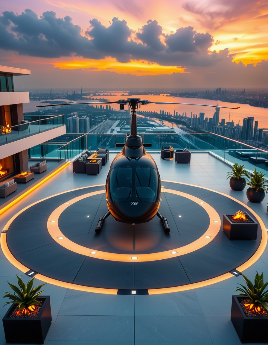 A high-resolution photo of a luxurious rooftop of a five-star hotel at sunset, featuring a sleek helipad with a high-end, matte-black private helicopter elegantly parked. The rooftop is designed with ultra-modern architecture, featuring a spacious terrace with infinity-edge glass railings, ambient lighting, and a panoramic city skyline in the background. The surface of the helipad is clean, polished concrete with clear illuminated markings. Surrounding the helipad, there are lounge areas with modern outdoor furniture, minimalist fire pits, and decorative planters with tropical greenery. The lighting is warm and golden, casting soft shadows and highlighting the contours of the helicopter and the textures of the rooftop. The sky is dramatic, painted with hues of orange, pink, and violet, creating a cinematic atmosphere of luxury and exclusivity. The overall mood is elite, calm, and aspirational, showcasing the ultimate in urban luxury lifestyle.
<lora:SDXLFaeTastic2400:0.4> <lora:extremely_detailed:0.4> extremely detailed, <lora:helipad_r00ft0p:1>,helipad r00ft0p, Masterpiece,best quality,hi res,8k,hi res,8k,award winning,(sharp focus, intricate, highly detailed),