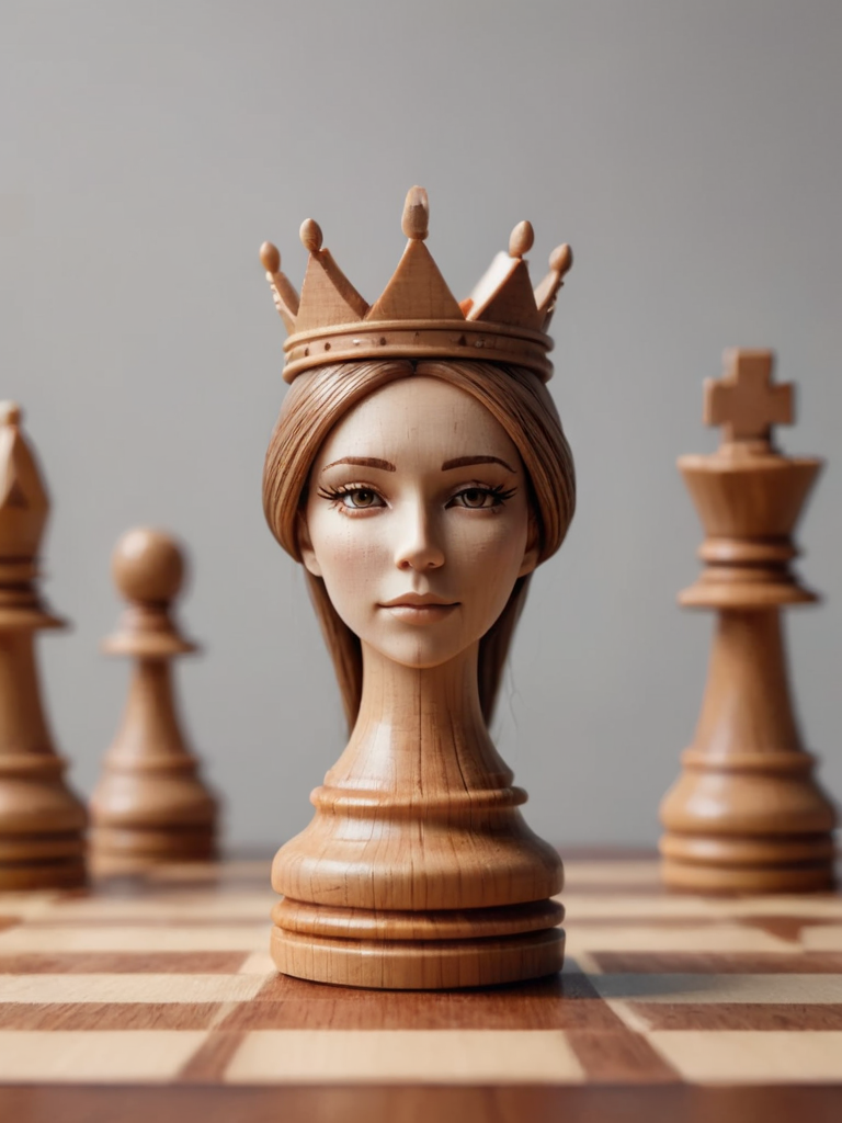 woodfigurez, chessboard, amazing looking wooden queen in focus, upper body, artistic style <lora:woodfigurez-sdxl:0.7>