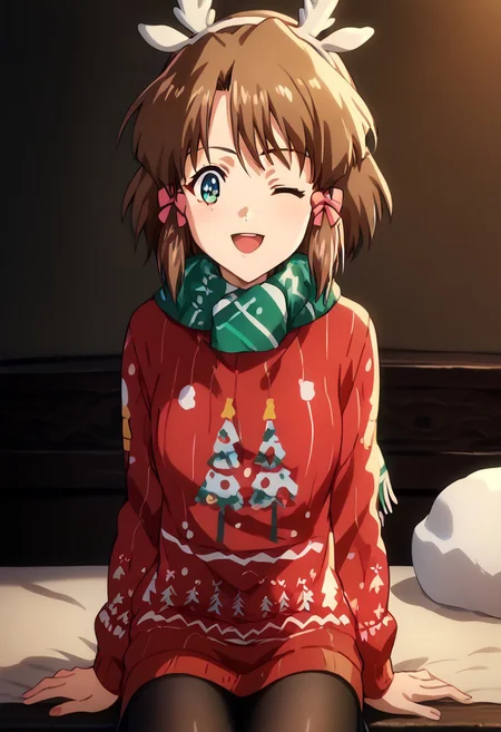 score_9, score_8_up, score_7_up, score_6_up, score_5_up, score_4_up, masterpiece, ultra-detailed, high resolution,
christmas_sweater, 1girl, Kaya, one eye closed, pantyhose, green scarf, reindeer antlers, smile, santa hat, christmas, scarf, hat, sitting, antlers, fake antlers, open mouth, red sweater, looking at viewer, sack, black pantyhose,
anime screencap