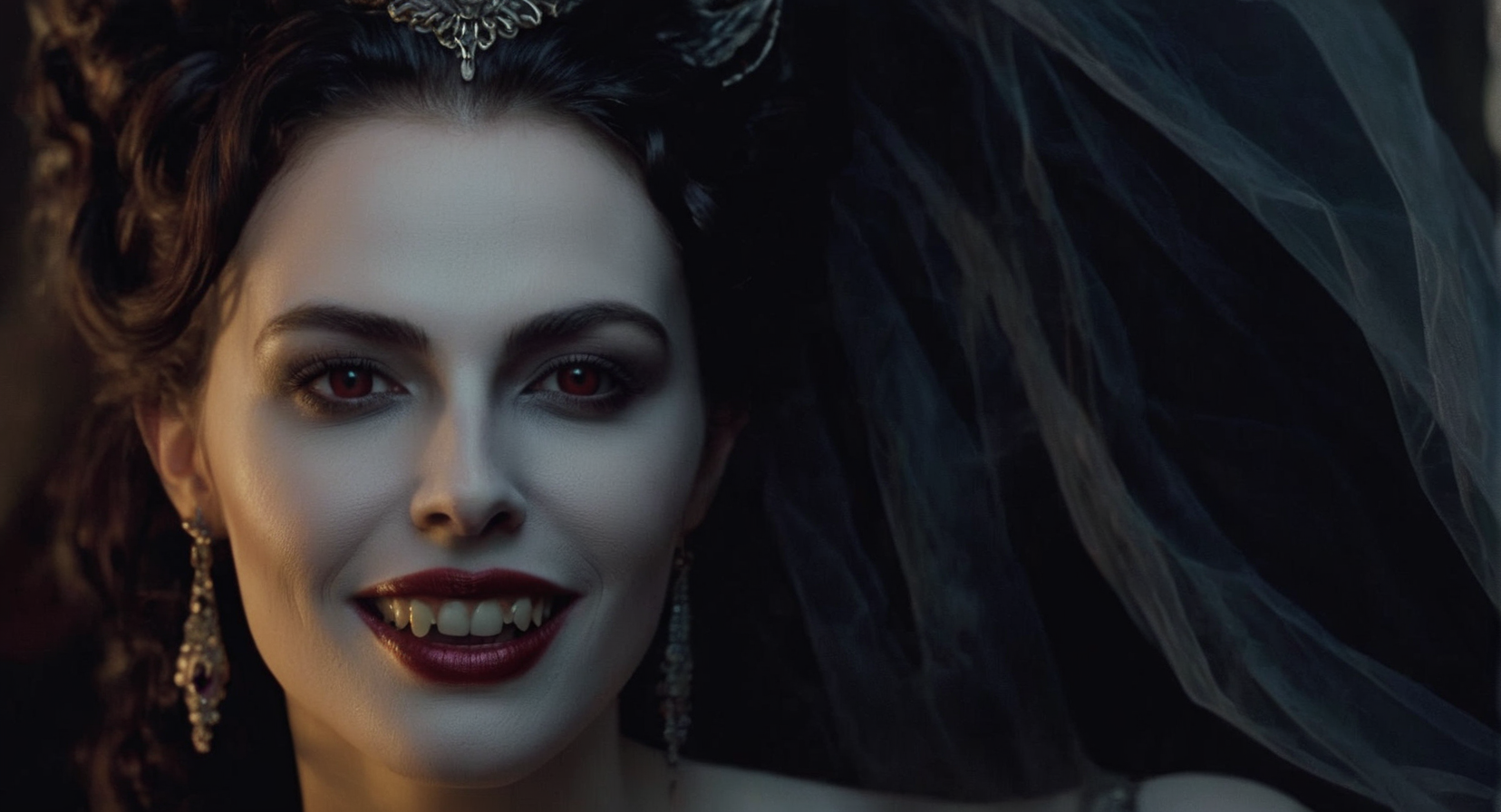 Dark Fantasy Art of (Cinematic Film stock footage style) in (arri alexa style) (Kodak film print style), hyperrealism
 <lora:Female Vampire:1>
Female Vampire a woman with a very big grin on her face and with a vampire makeup, dark, moody, dark fantasy style