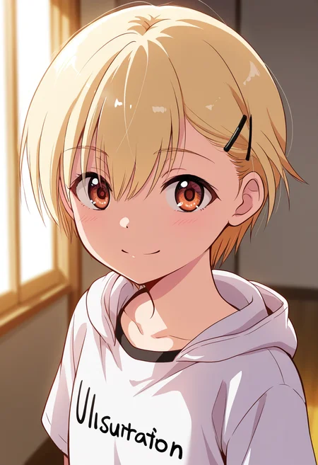 masterpiece, best quality, amazing quality, very aesthetic, absurdres, newest, illustration, perfect composition, intricate details, highres, anime coloring, uncensored, general, 1girl, solo, (portrait:1.2), ayaka, tomboy, brown eyes, blonde hair, short hair, asymmetrical bangs, hair between eyes, hairclip, flat chest, hood, hoodie, hood down, clothes writing, shirt, short sleeves, looking at viewer, smile, indoors, shiny body, shiny skin, skindentation, clear skin, shiny hair, ultra detailed eyes, depth of field, sharp, intricate details, hyperdetailed, ultra-detailed, detailed clothing folds, high contrast, dynamic light <lora:Ayaka_Anata Dake ni Onnanoko_ill:1>